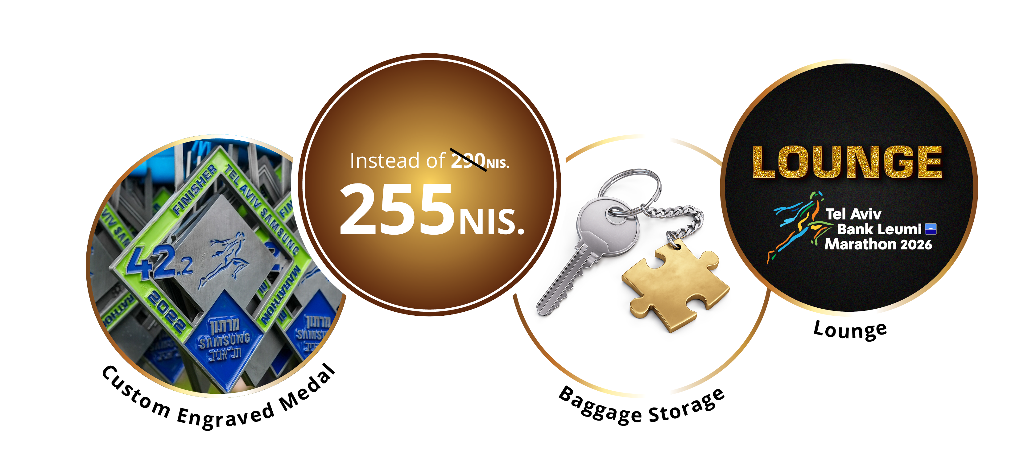Get the fullTel Aviv Marathon experience!, Pasta party, Custom engraved medal, Baggage storage, VIP lounge, only 275 nis!